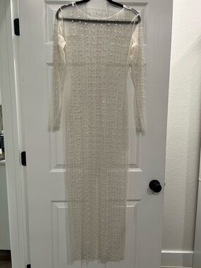 Sheer Long-Sleeve Embellished Maxi Dress in Cream